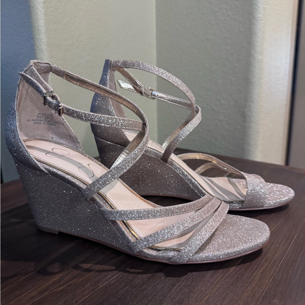 Jessica Simpson Callyia Glittering Gold Strappy Wedges | Size 8